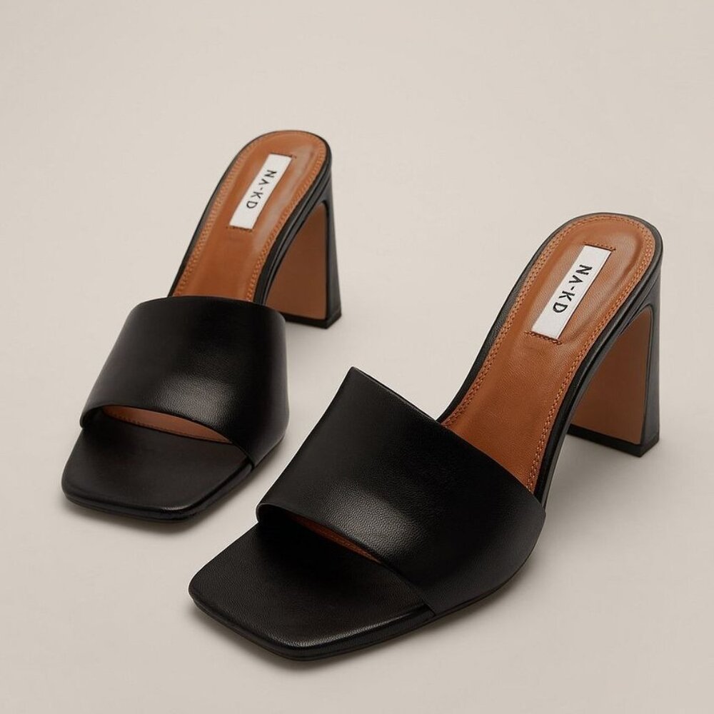 Black Leather Mule Heels NEW IN BOX